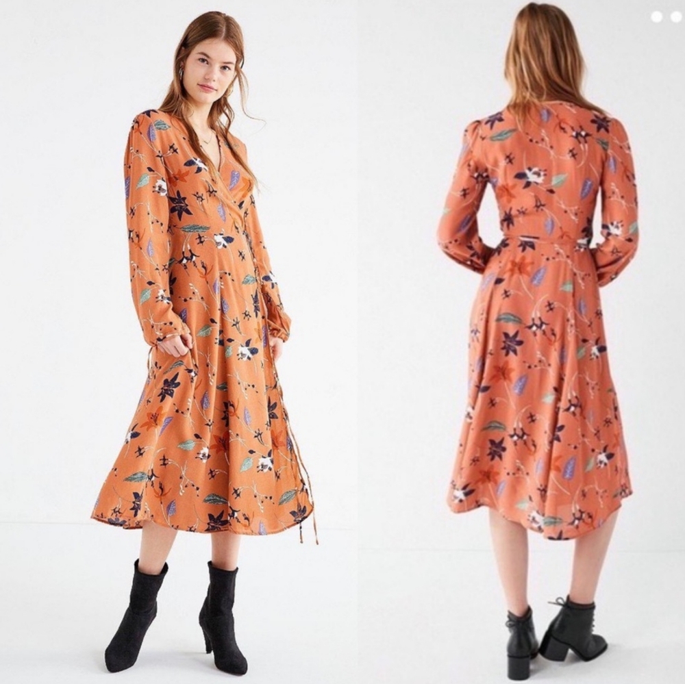 Urban Outfitters | Audrey Salmon Longsleeved Floral Midi Wrap Dress